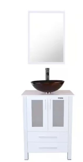 Photo 1 of 24 in. W x 20 in. D x 32 in. H Single Sink Bath Vanity in White with Brown Vessel Sink Top ORB Faucet and Mirror
