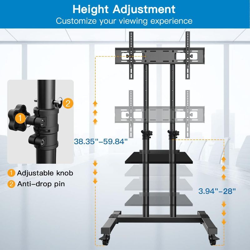 Photo 1 of  Mobile TV Stand on Wheels for 32-75 Inch Flat/Curved Panel Screens TVs Height Adjustable Floor Trolley Stand Holds up to 99lbs Tilt Rolling TV Cart 