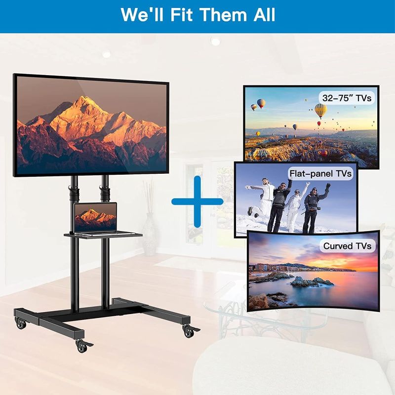 Photo 2 of  Mobile TV Stand on Wheels for 32-75 Inch Flat/Curved Panel Screens TVs Height Adjustable Floor Trolley Stand Holds up to 99lbs Tilt Rolling TV Cart 
