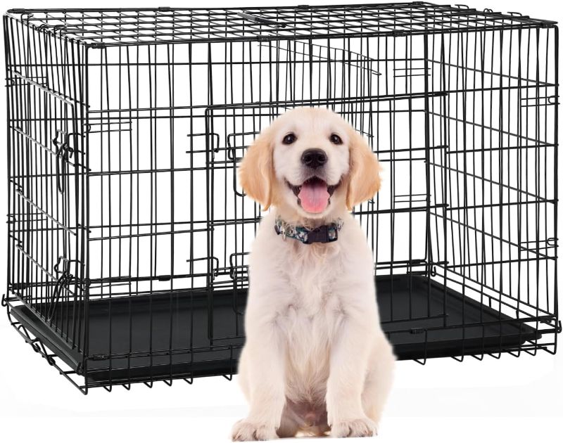 Photo 1 of 24 Inch Small Dog Crate, Heavy Duty Dog Crates for Small Dogs, Metal Wire Folding Dog Cage with Removable Trays, Locks, Double-Door, Divider Panel, Handle, Puppy Crate Pet Crate (24 in, Black)
