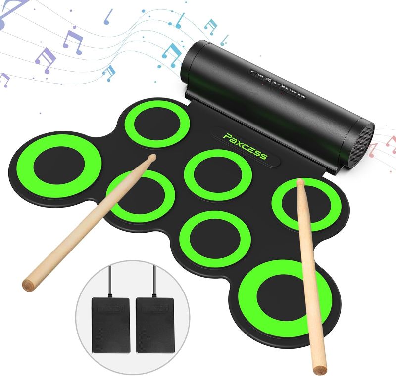 Photo 1 of PAXCESS Electronic Drum Set, Roll Up Drum Practice Pad Midi Drum Kit with Headphone Jack Built-in Speaker Drum Pedals Drum Sticks 10 Hours Playtime,Great Holiday Birthday Gift for Kids
