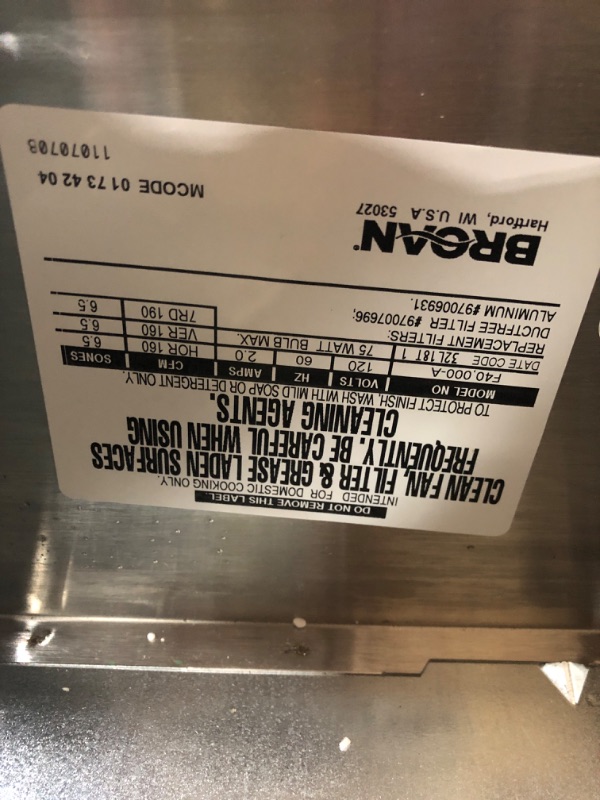 Photo 2 of ***USED - LIKELY MISSING PARTS - UNABLE TO TEST***
Broan-NuTone F404204 Range Hood, 42-Inch, Stainless Steel & Ventline V2262-50 Bath Ceiling Fan Non-Lighted - Full Assembly