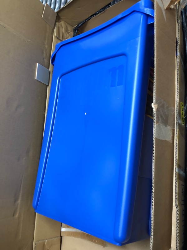 Photo 1 of Rubbermaid Commercial Products Slim Jim Plastic Rectangular Recycling Bin with Venting Channels, 23 Gallon, Blue Recycling (FG354007BLUE) 23 Gallon Blue Recycling