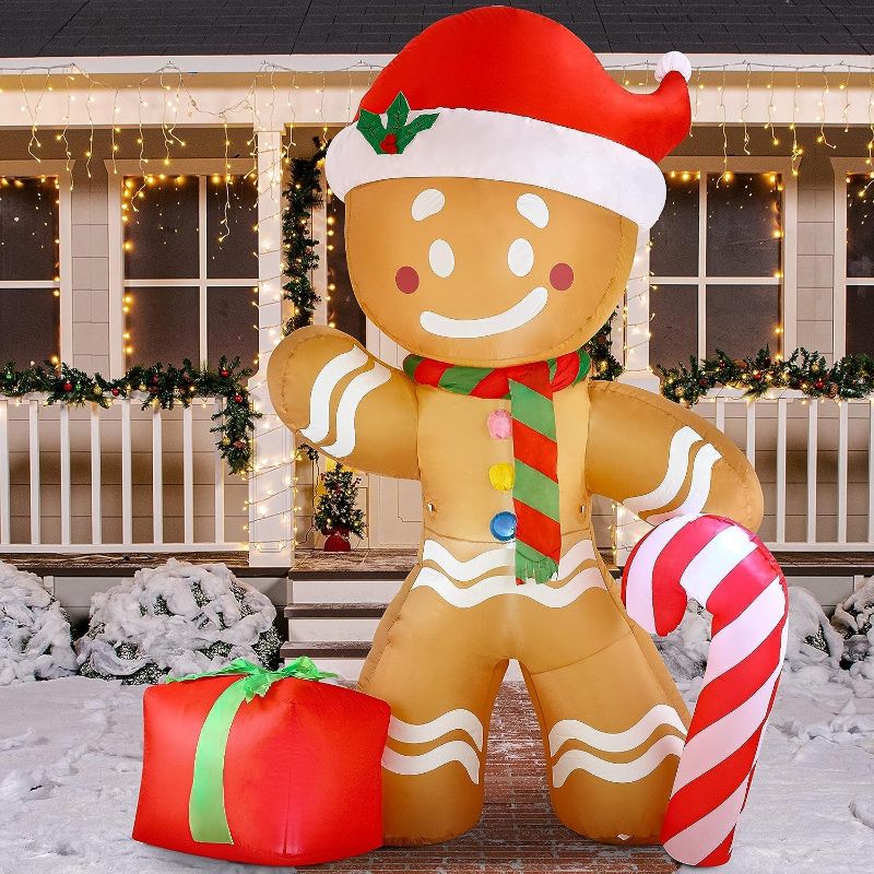 Photo 1 of 8 FT Christmas Inflatables Gingerbread Man with Santa Hat, VIVAYO 8FT Inflatable Gingerbread Man with Candy Cane, LED Lights Blow Up Holliday Party Yard Decoration Lawn Decor, 8 Feet, Brown
