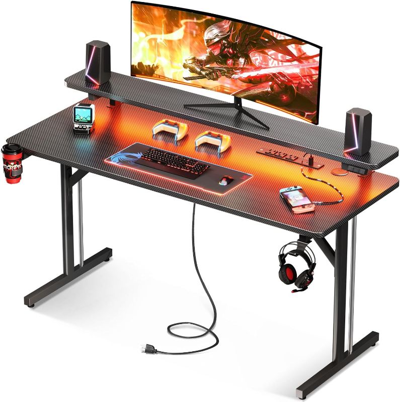 Photo 1 of MOTPK Gaming Desk with LED Lights & Power Outlets, 47 Inch Computer Desk Gaming Table with Monitor Shelf, Gamer Desk with Carbon Fiber Texture, Kids Boys Desk Gift for Men