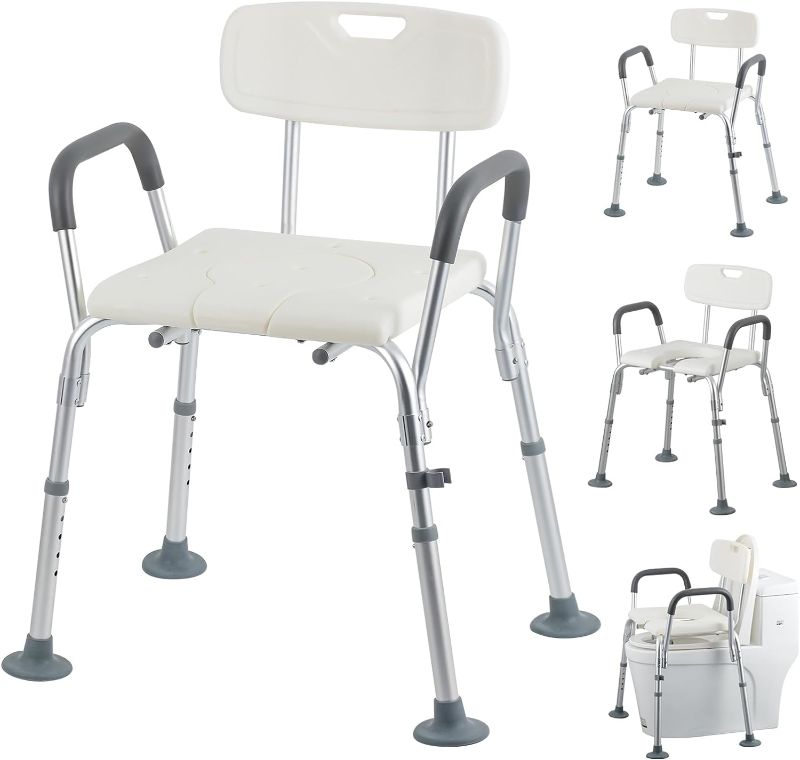 Photo 1 of Essbhach Shower Chair Bath Seat 3 in 1 with Arms and Ba ck, Heavy Duty Shower Seat 400lbs with Large Rubber Suction Feet for Stability, Adjustable Height Shower Chair for Inside Shower for Elderly
