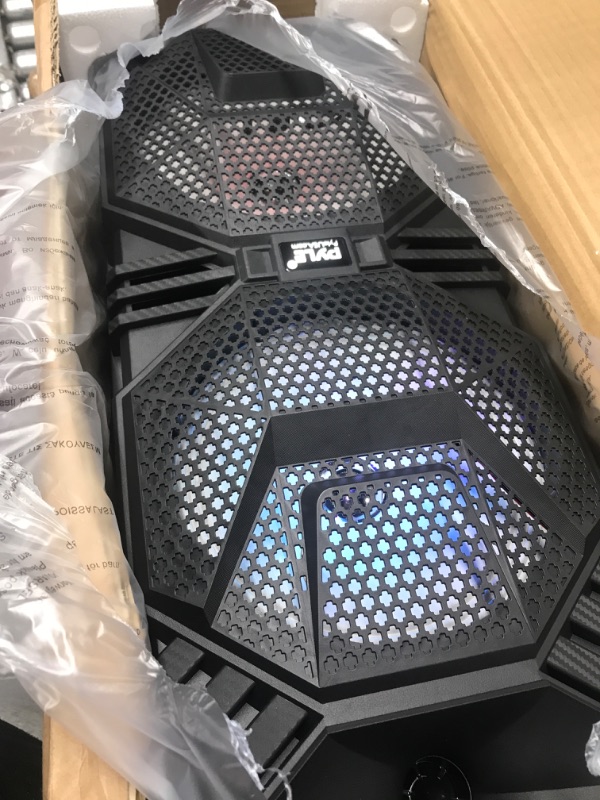 Photo 2 of Pyle Portable Bluetooth PA Speaker System, 600W Rechargeable Outdoor Bluetooth Speaker Portable PA System with Dual 8” Subwoofer 1” Tweeter, Microphone in, Party Lights, USB, Radio, Remote