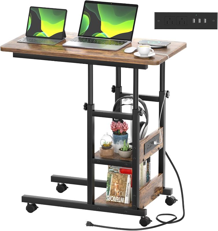 Photo 1 of Height Adjustable C Shaped End Table with Charging Station, Mobile Laptop Side Table with USB Port and Wheels, Sofa Couch Table with 2-Tier Storage Shelve for Living Room Bedroom, Rustic Brown