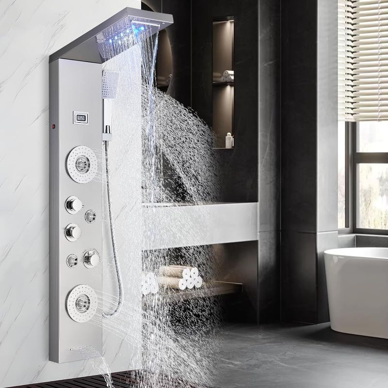 Photo 1 of AlenArt Shower Panel Tower System LED Rainfall Waterfall Shower Head with 4 Body Massage Jets and Hand Shower, 6-Function Faucet Rain Massage System with Tub Spout Stainless Steel, Brushed Nickel
