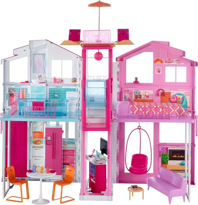 Photo 1 of Barbie 3-Story Townhouse Dollhouse with Elevator, Swing Chair, Furniture and Accessories, Fold for Portability and Travel (Amazon Exclusive)
