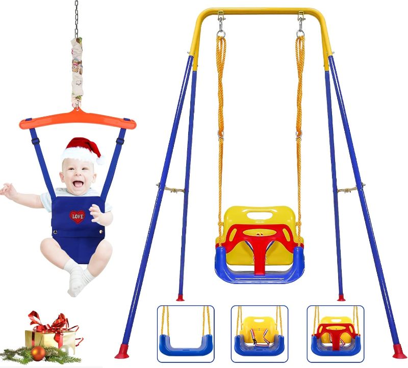 Photo 1 of 3-in-1 Swing for Todder & Baby Jumper, Sturdy Swing with Bouncers for Outdoor/Indoor Play, Safety Seat and Foldable Metal Swing Stand, Easy to Assemble and Store