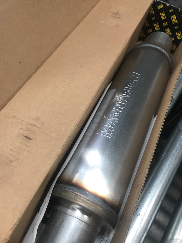 Photo 2 of MagnaFlow 4in Round Center/Center Performance Muffler Exhaust 10416 - Straight-Through, 2.5in Inlet/Outlet, 14in Body Length, 20in Overall Length, Satin Finish - Classic Deep Exhaust Sound