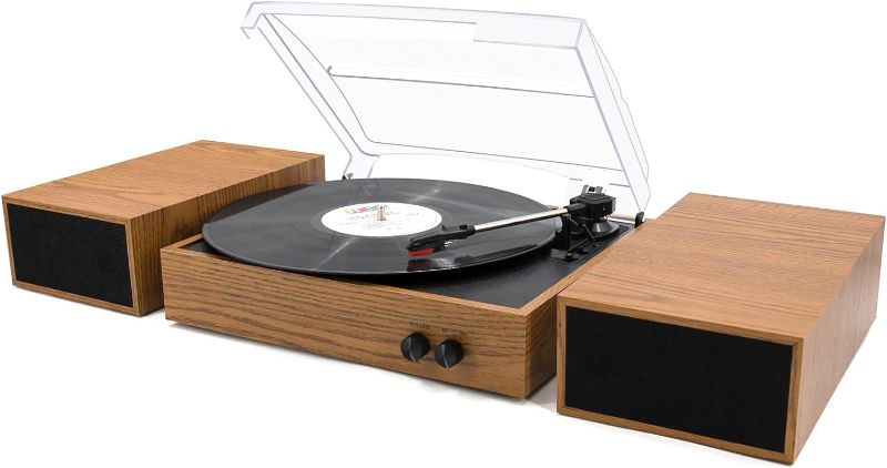 Photo 1 of LP&No.1 Wireless Turntable with Stereo Bookshelf Speakers, 3 Speed Vintage Belt-Drive Turntable with Wireless Playback & Auto-Stop & Wireless Input, Yellow Wood
