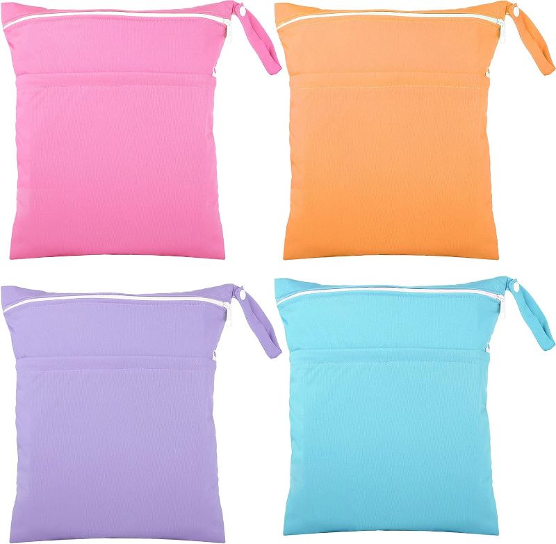 Photo 1 of 12 Pcs Wet Dry Bag for Baby Cloth Diapers Waterproof Wet Bag Washable Travel Bag Reusable Cloth Diaper Bag with 2 Pocket Toddler Swim Wet Bag for Travel Beach Pool (Blue, Purple, Pink, Orange)
