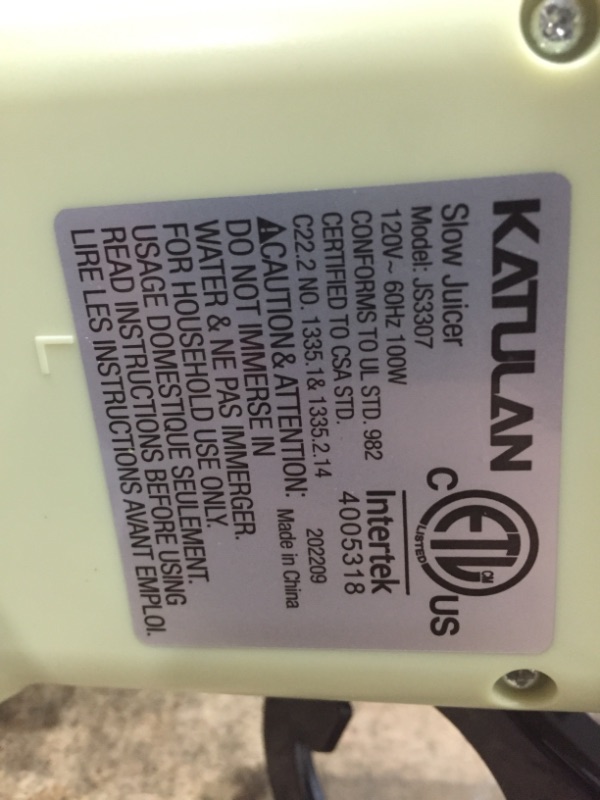 Photo 1 of Katulan Compact Slow Juicer, Cold Press Juicer Machines with Auto-adjustable Speed for Nutrient & Vitamin Dense Fruits and Vegetables, Easy Clean Masticating Juicer with Reverse Function