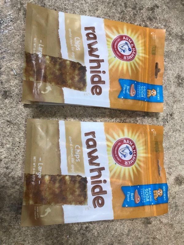 Photo 2 of 2 PACK Arm & Hammer for Pets Rawhide Chips for Dogs | Real Dog Rawhide Chews with Beef Coating and Arm and Hammer Baking Soda Enhanced Formula for Fresh Dog Breath, Dog Treat Bag Size Large 8 Pcs
