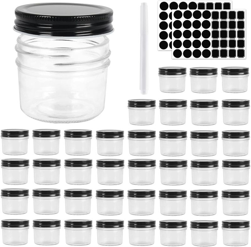 Photo 1 of 4oz Glass Jars With Lids,Small Mason Jars Wide Mouth,Mini Canning Jars With Black Lids For Honey,Jam,Jelly,Baby Foods,Wedding Favor,Shower Favors,Spice Jars For Kitchen & Home,Set of 40 ……