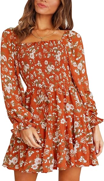 Photo 1 of Deerose Womens Floral Chiffon Long Sleeve Mini Dress Summer Flowy Dresses  size s
