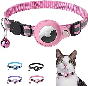 Photo 1 of Cat Collar Breakaway with Airtag Holder - Adjustable Reflective AirTag Cat Collar with Bell Integrated Kitten Collar GPS Cat Collars Tracker for Girl Boy Cats Puppies (Pink)