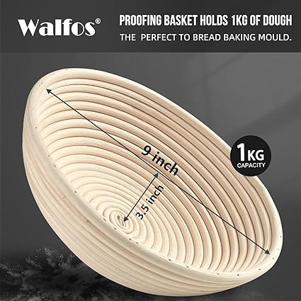 Photo 1 of 100% Natural Rattan Style Sourdough Bread Basket-Walfos 9 inch Round Banneton Proofing Basket Set(6 pcs), Includes Cloth Liner, Dough Scraper, Spray Bottle, Brush,for Home and Professional Bakers