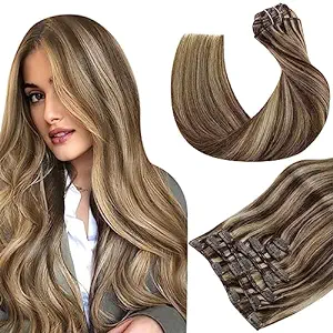 Photo 1 of  Clip in Hair Extensions Human Hair #4/27 Brown Highlights Caramel Blonde Clip in Extensions Remy Human Hair 20 Inch 100g 7pcs Clip on Real Hair Pieces