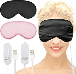 Photo 1 of 2 Pieces Silk Heated Eye Mask for Dry Eyes USB Steam Warm Compress for Puffy Eyes Adjustable Temp Sleep Eye Mask for Dry Eye, Chalazion, Blepharitis, Stye (Black, Pink)