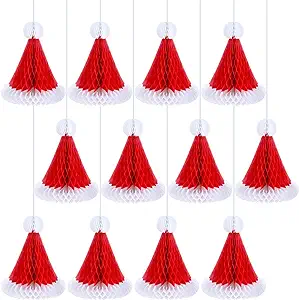 Photo 1 of Eersida Christmas Honeycomb Santa Hats Xmas Paper Hat for Christmas Tree Ornaments Hanging Decorations (12, Santa Hat)