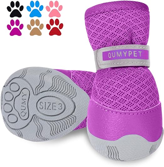 Photo 1 of QUMY 2PCS Small Dog Shoes for Hot Pavement Summer Puppy Dog Booties with Reflective Strip Soft Comfortable Anti-Slip Rubber Sole Purple Size 4