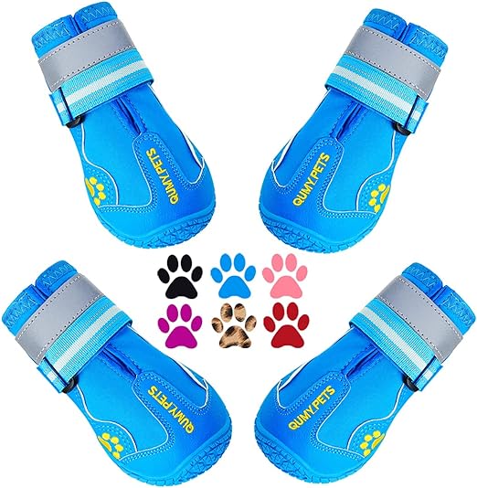 Photo 1 of QUMY Dog Shoes for Large Dogs, Medium Dog Boots & Paw Protectors for Winter Snowy Day, Summer Hot Pavement, Waterproof in Rainy Weather, Outdoor Walking, Indoor Hardfloors Anti Slip Sole Blue 2