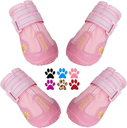 Photo 1 of QUMY Dog Shoes for Large Dogs, Medium Dog Boots & Paw Protectors for Winter Snowy Day, Summer Hot Pavement, Waterproof in Rainy Weather, Outdoor Walking, Indoor Hardfloors Anti Slip Sole Pink 5