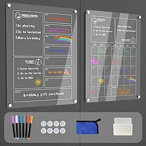 Photo 1 of UMART Acrylic Calendar for Fridge,2 Pcs Magnetic Weekly& Monthly Calendar for Fridge Reusable Clear Acrylic Planner Board, Includes 6 Dry Erase Markers 6 Colors(15.7"x11.8")