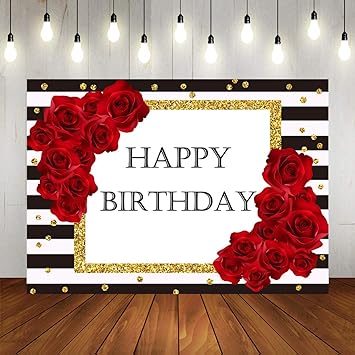 Photo 1 of Red Rose Birthday Photo Booth Backdrop Black and White Stripes Background for Photography 7x5ft Happy Birthday Party Decoration Cake Table Banner