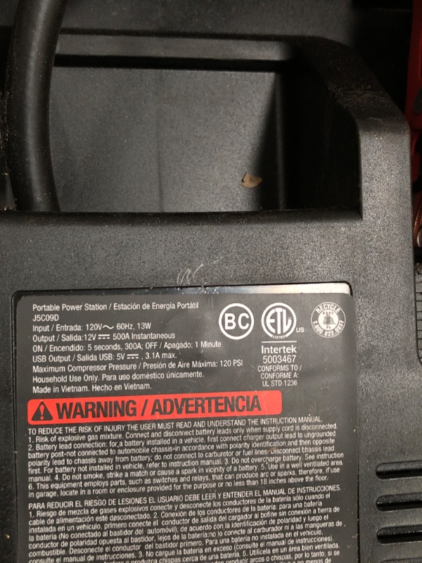 Photo 3 of STANLEY J5C09D Digital Portable Power Station Jump Starter: 1200 Peak/600 Instant Amps, 120 PSI Air Compressor, 3.1A USB Ports, Battery Clamps 1,200 Peak Amps