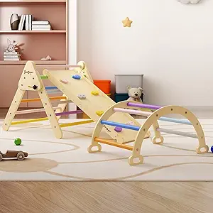 Photo 1 of BanaSuper Colorful 3 in 1 Climbing Triangle Ladder with Ramp & Arch Foldable Wooden Triangle Climber Set Montessori Climbing Toys for Kids Ourdoor Indoor Playground Play Gym Gift for Boys Girls