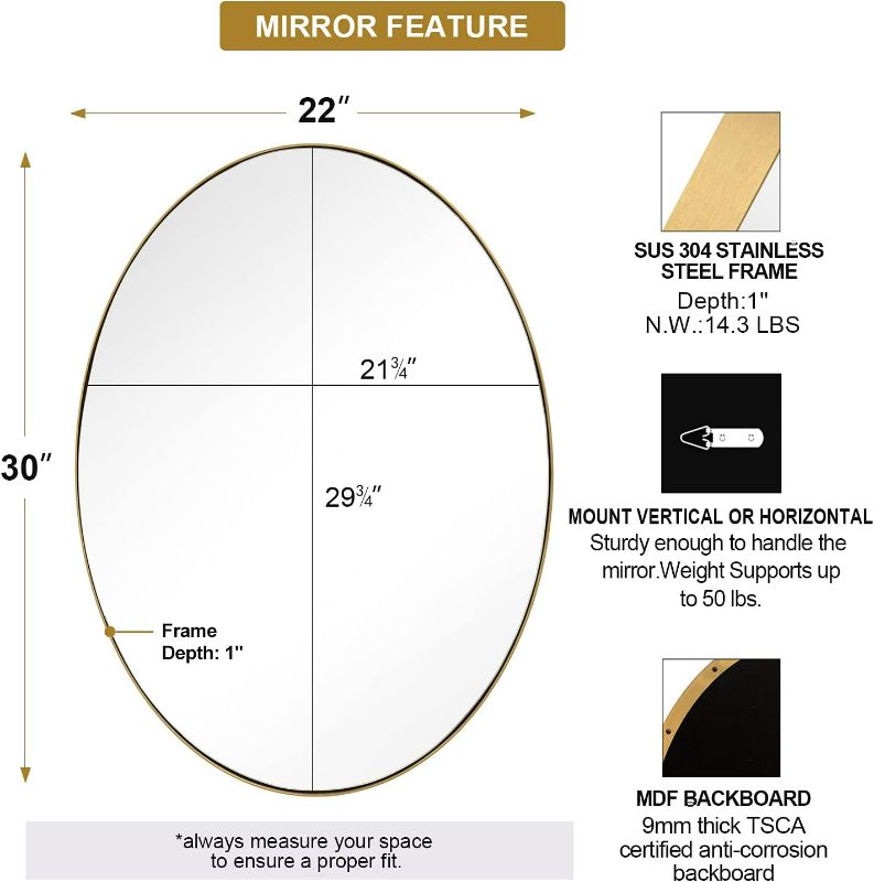 Photo 3 of (READ NOTES) MISSING BRACKETS **
ANDY STAR Oval Gold Mirror, 22x30'' Brushed Gold Oval Mirror for Bathroom, Oval Wall Mirror for Btahroom Gold Vanity Mirror in 
