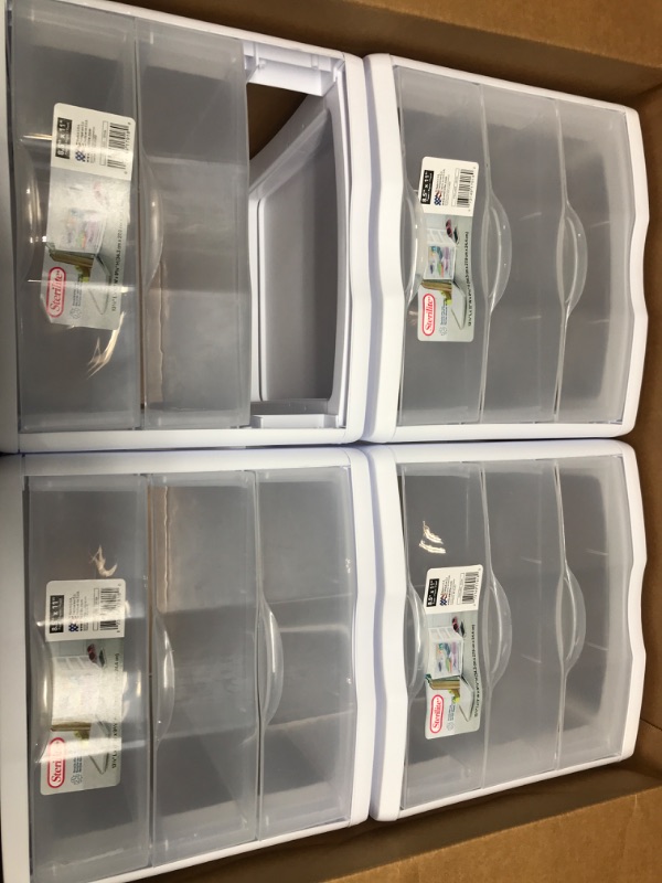 Photo 2 of ****missing part****  Sterilite 17918004 3 Drawer Unit, White Frame with Clear Drawers, Pack of 4 & 16428012 6 Quart/5.7 Liter Storage Box, White Lid with Clear Base (Pack of 12) Drawer Unit + Storage Box