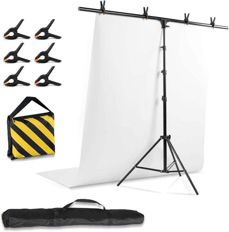 Photo 1 of Selens T-Shape Portable Backdrop Stand 4.92x8.20ft, Adjustable Photo Backdrop Stand for Parties and Photo Video Studio with 6 Clamps, Sandbag, Carry Bag, White PVC Backdrop 4.92x8.20ft with 6 Clamps, White PVC Backdrop