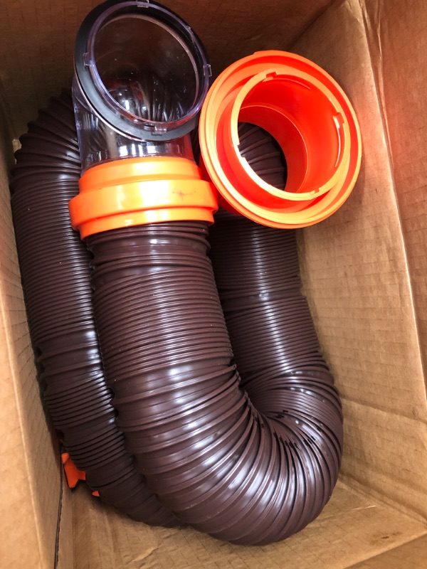 Photo 1 of Camco RhinoFLEX RV Sewer Hose Kit with Swivel Transparent Elbow and 4-in-1 Dump Station Fitting, Brown, 15 Feet (39770) 15ft Sewer Hose Kit Frustration-Free Packaging