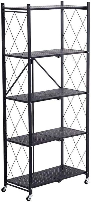 Photo 1 of *NotExacT* Storage Shelves, Closet Organizers and Storage 5-Shelf Foldable Metal Shelving Units 28" W x 14" D x 65" H for Garage Kitchen Bakers, Collapsible Organizer Rack, Heavy Duty on Wheels (5 SHELF)
