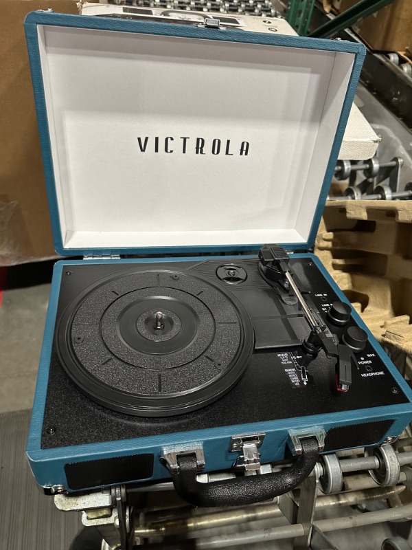 Photo 3 of Victrola Vintage 3-Speed Bluetooth Portable Suitcase Record Player with Built-in Speakers | Upgraded Turntable Audio Sound | Blue Record Player