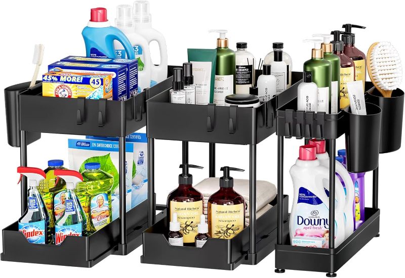 Photo 2 of 3 Pack Puricon Under Sink Organizer Pull Out Under Sink Storage, 2 Tier Multi-Purpose Sliding Under the Sink Organizer Bathroom Kitchen Sink Organizer Under Cabinet Shelf for Cleaning Supplies -Black 3 Black