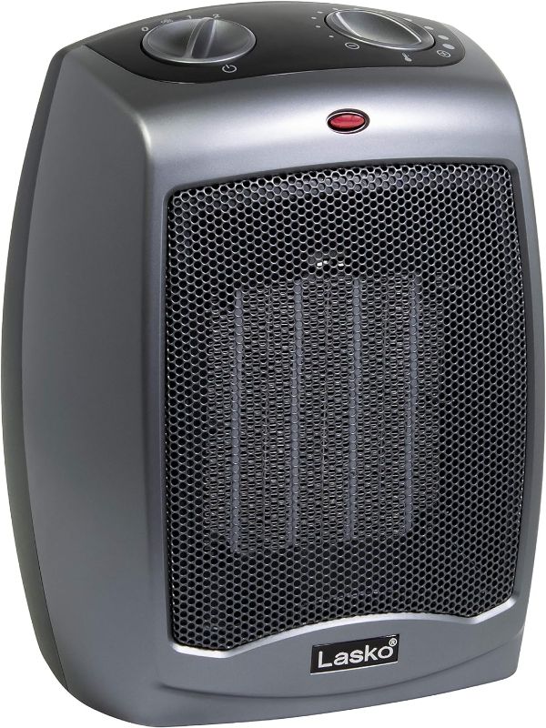 Photo 1 of Lasko Electric Ceramic Space Heater with Tip-Over Safety Switch for Home, Overheat Protection, Thermostat and Extra Long Cord, 2 Speeds, 9.2 Inches, Dark Gray, 1500W, 754201
