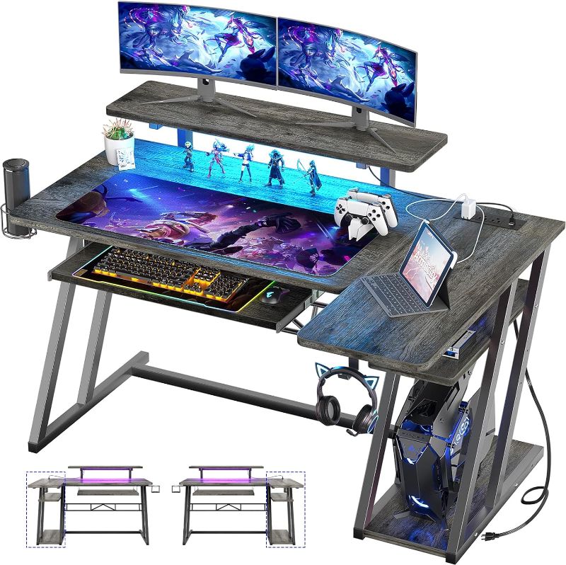 Photo 1 of L Shaped Gaming Desk with Monitor Stand and shelves, 47'' Gaming Computer Desk with LED Lights and Outlets, Reversible PC Gaming Desk with Keyboard Tray, L Desk for Gaming with Z-shaped legs, BLACK