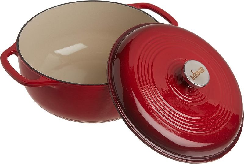 Photo 1 of *****HAS SEVERAL CRACKS*****Lodge 6 Quart Enameled Cast Iron Dutch Oven with Lid – Dual Handles – Oven Safe up to 500° F or on Stovetop - Use to Marinate, Cook, Bake, Refrigerate and Serve – Island Spice Red
