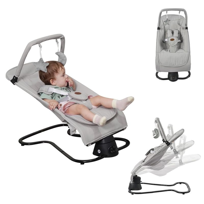Photo 1 of 2 in 1 Baby Bouncer & BabySwing for Infants, Electric BabySwing with 5 Speeds and Comfortable Fabric,Soothing Infants Bouncy Seat with Music and Timer for Infants 0-6 Months (Light Grey)