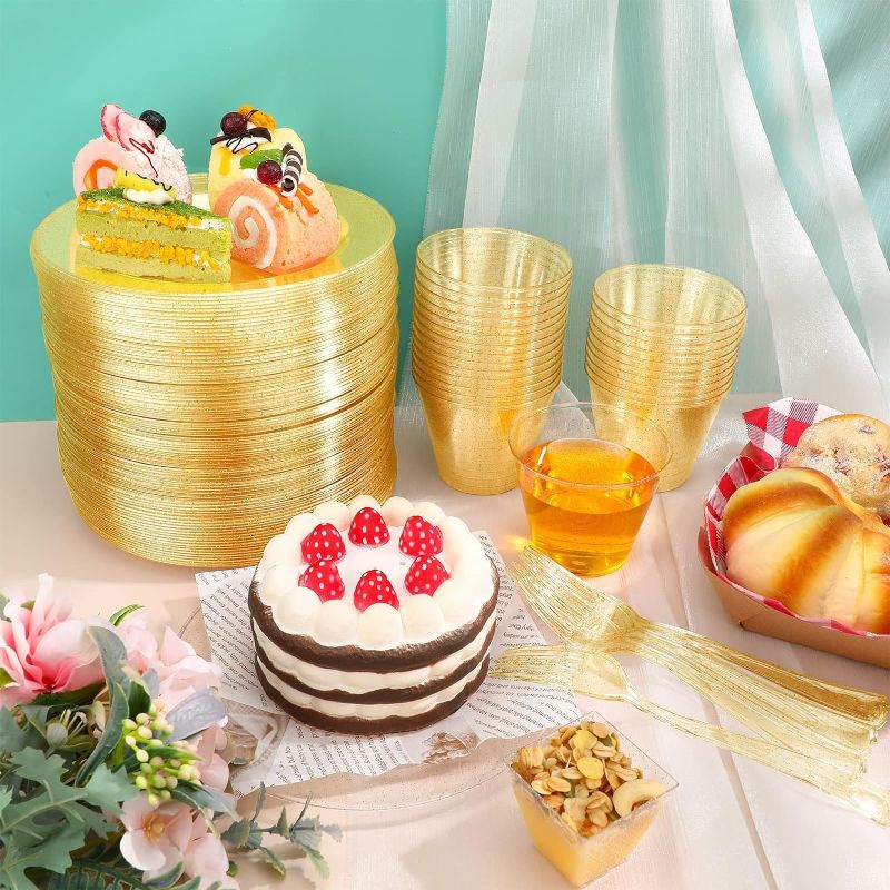 Photo 1 of  Plastic Dinnerware Set Disposable for Party, 100 Glitter Plastic Plates 7.5 Inch, 100 Plastic Cup 9 Oz, 100 Plastic Dessert Forks, 100 Guest Disposable Dinnerware Set (Gold)