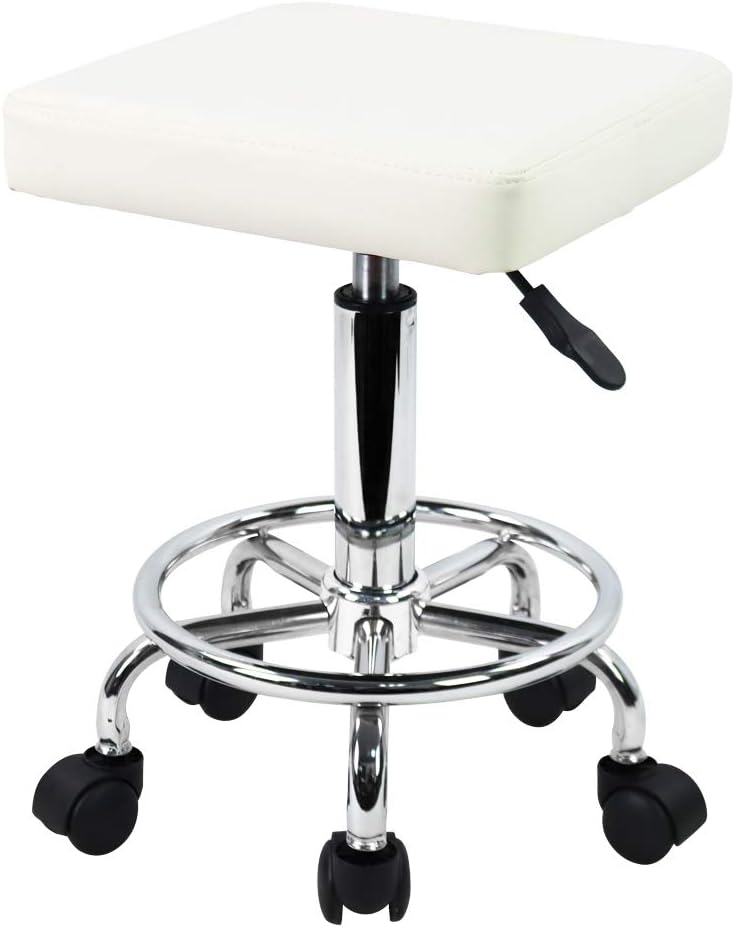 Photo 1 of  Square Rolling Stool with Foot Rest PU Leather Height Adjustable Medical Spa Drafting Salon Tattoo Work Swivel Stools Task Chair Small (White)