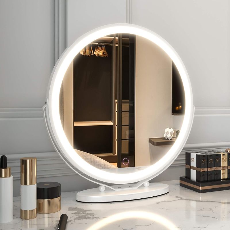 Photo 1 of 18" Large Makeup Vanity Mirror with Lights, Led Lighted Dressing Circle Mirror, High Definition Round Tabletop/Desk Mirror with 3 Color Dimmable Lighting Modes & Touch Screen (White)