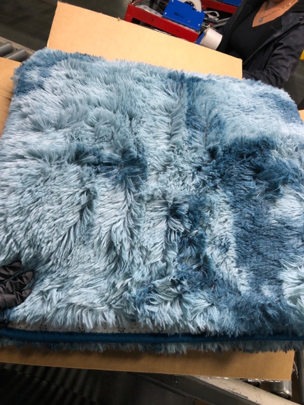 Photo 2 of  Luxury Shag Area Rug Feet Tie-Dyed Dark Blue Rectangle Plush Fuzzy Rugs, Non-Slip Shaggy Furry