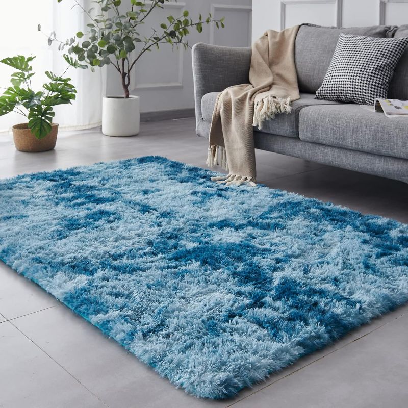 Photo 1 of  Luxury Shag Area Rug Feet Tie-Dyed Dark Blue Rectangle Plush Fuzzy Rugs, Non-Slip Shaggy Furry